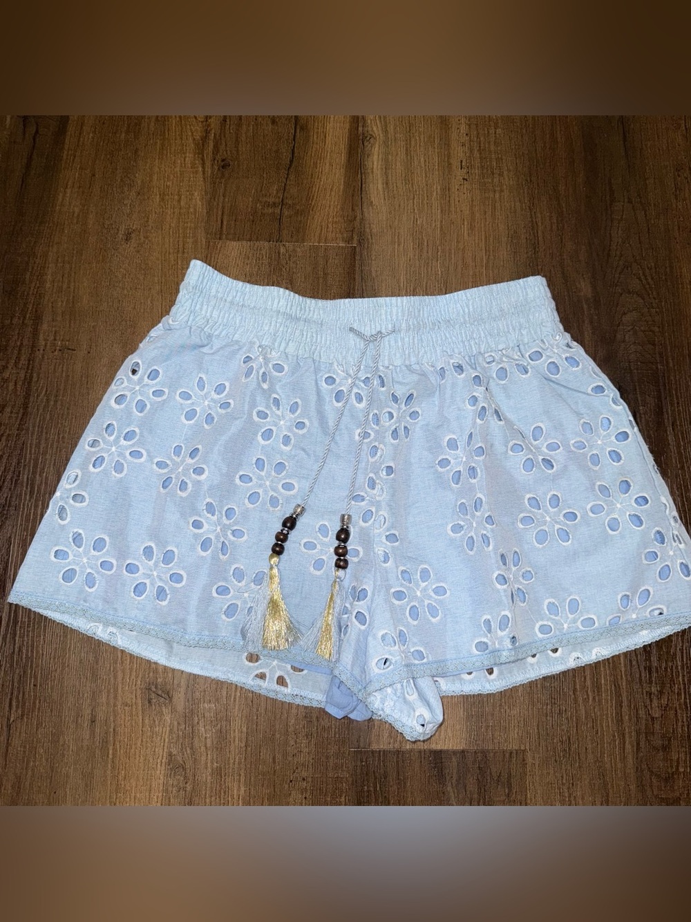 Venus Light Blue Eyelet Lace Tassel Shorts Large